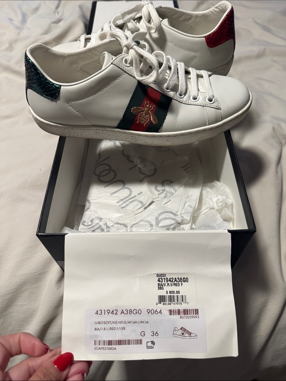 Gucci White Leather Sneakers with Red & Green Web and Gold Bee